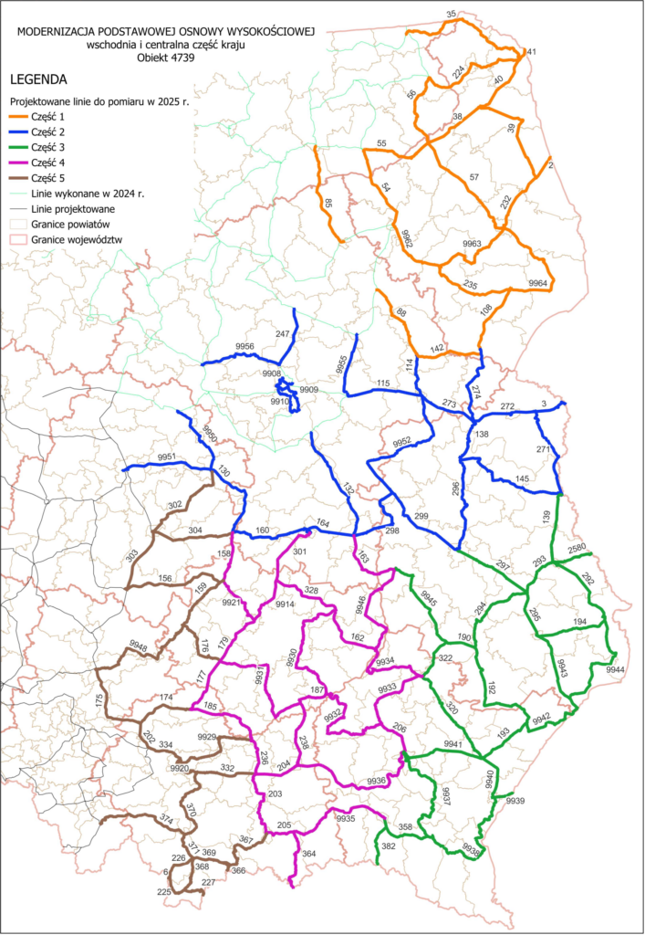 Rysunek - Ilustracja przedstawia fragment mapy Polski z przebiegiem linii niwelacyjnych planowanych do pomiaru w ramach poszczególnych części ogłoszonego postępowania przetargowego.