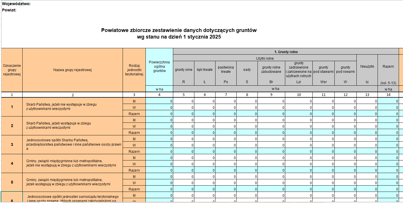Formularz zestawienia zbiorczego danych objętych ewidencją gruntów i budynków wg stanu na 1 stycznia 2025 r.
