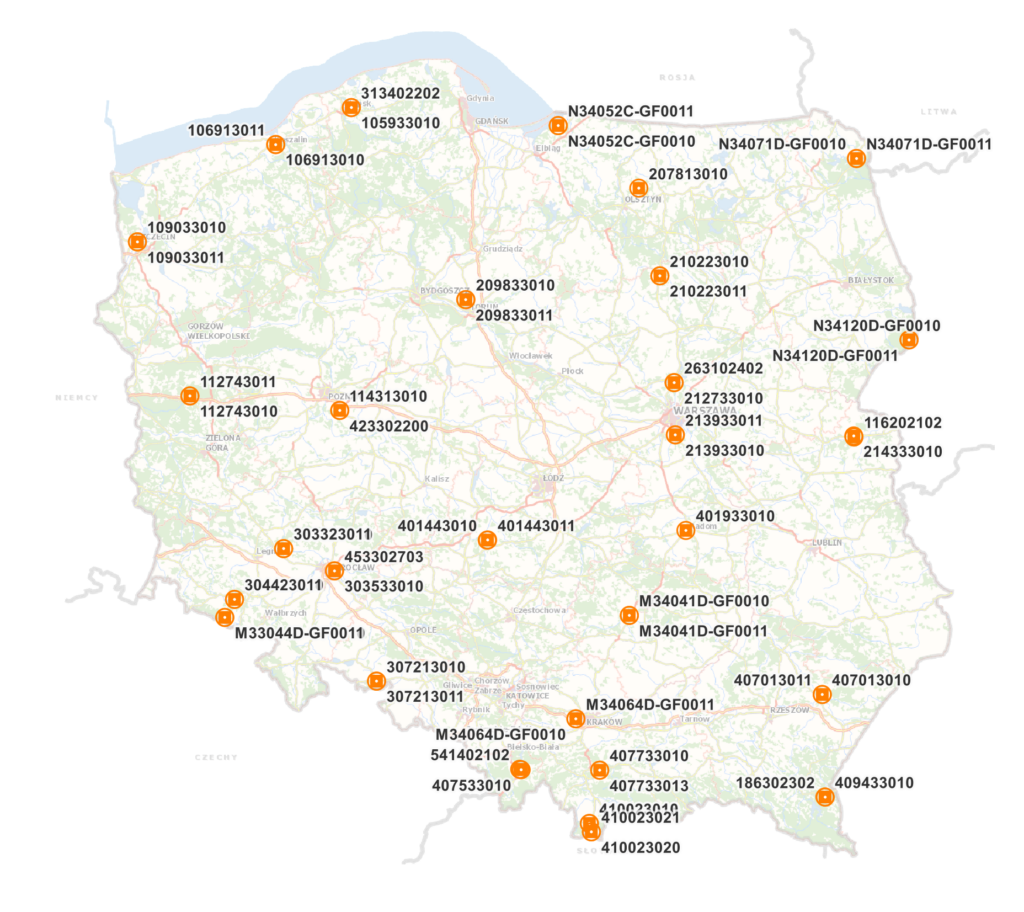 Rysunek - Ilustracja przedstawia rozmieszczenie zaktualizowanych punktów osnowy grawimetrycznej.