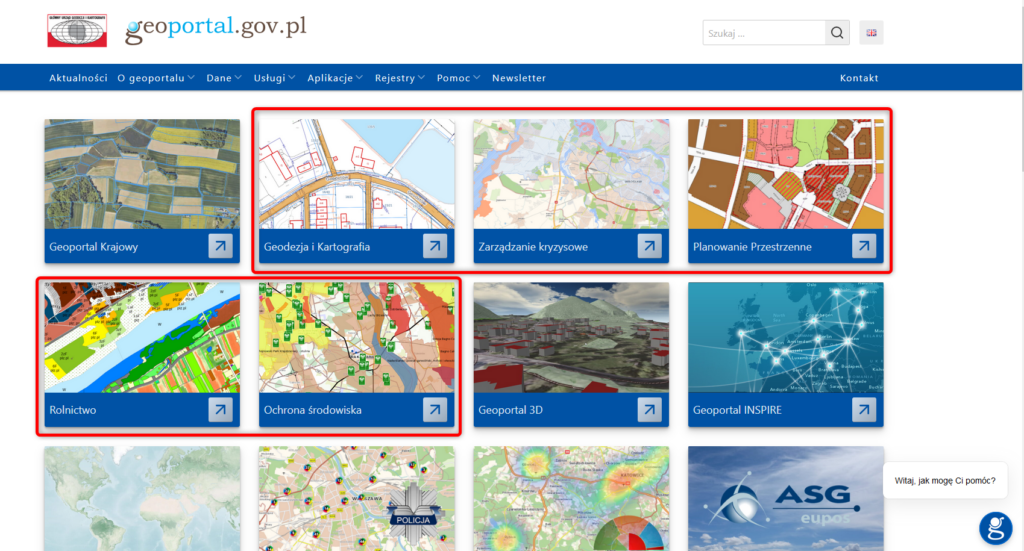 Zrzut ekranu przedstawiający stronę główną www.geoportal.gov.pl z zaznaczonymi modułami, w których znajduje się nowa funkcjonalność.
