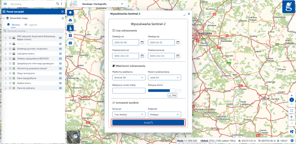 Zrzut ekranowy przedstawiający okno wyszukiwarki Sentinel-2.