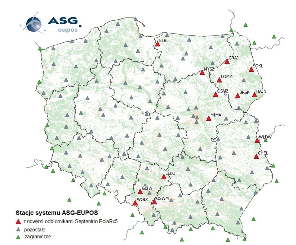 rys1 - Mapa przedstawiająca stacje ASG-EUPOS z zamontowanymi nowymi odbiornikami Septentrio PolaRx5