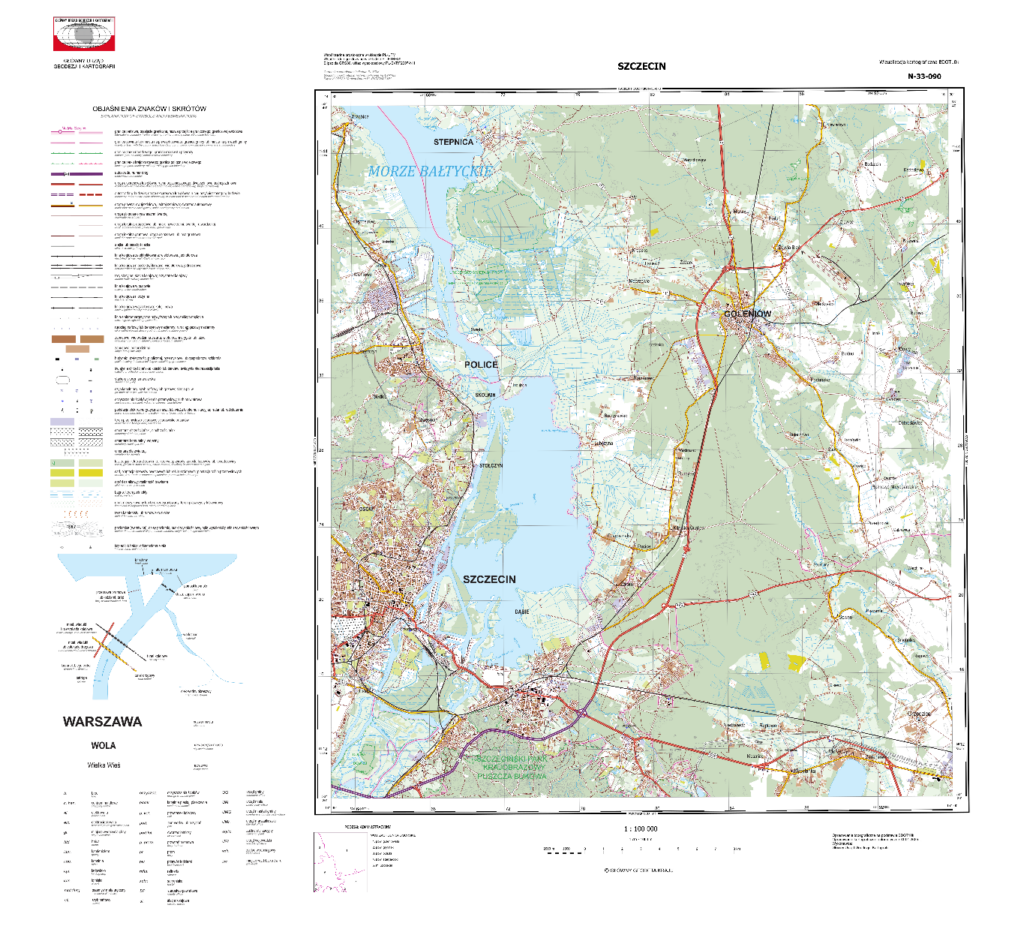 Rys1. Ilustracja przedstawia zrzut ekranu z przykładową wizualizacją kartograficzną BDOT10k w skali 1:100 000