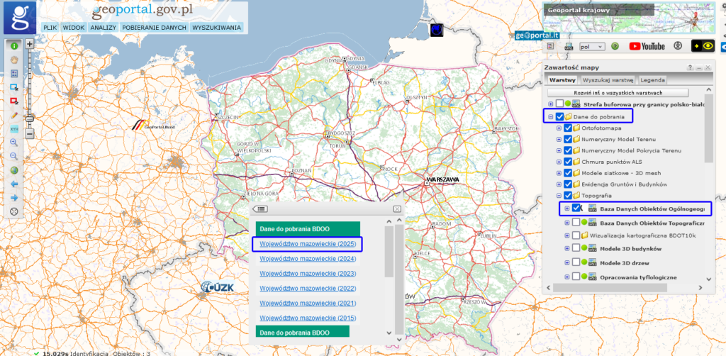 rys1 - ilustracja przedstawia zrzut z serwisu www.geoportal.gov.pl prezentujący sposób pobierania danych BDOO w nowym modelu GML.