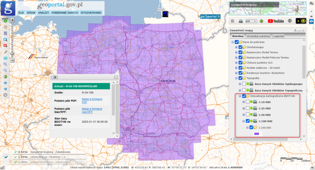 Rys2. Ilustracja przedstawia zrzut ekranu z serwisu www.geoportal.gov.pl prezentujący sposób pobierania wizualizacji kartograficznych BDOT10k