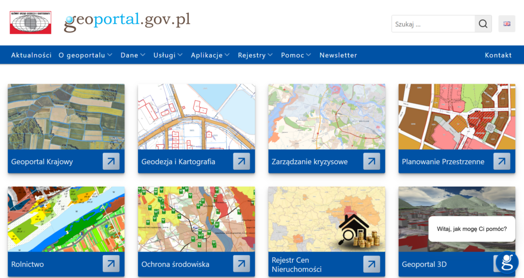 Ilustracja przedstawia serwis www.geoportal.gov.pl oraz dostępne w nim moduły, w tym nowy moduł "Rejestr Cen Nieruchomości".