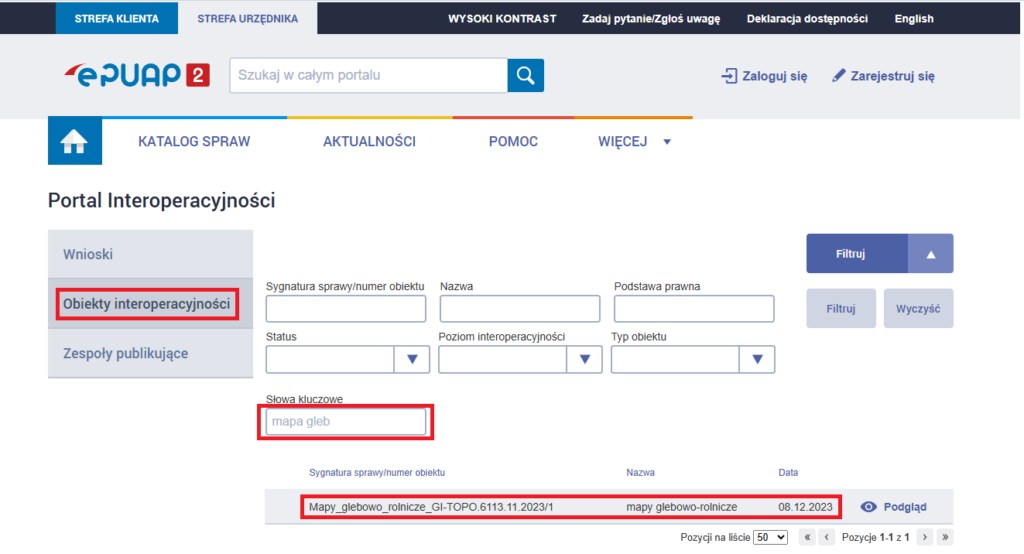 Ilustracja przedstawia przykład wyszukania schematu aplikacyjnego map glebowo-rolniczych w portalu interoperacyjności.